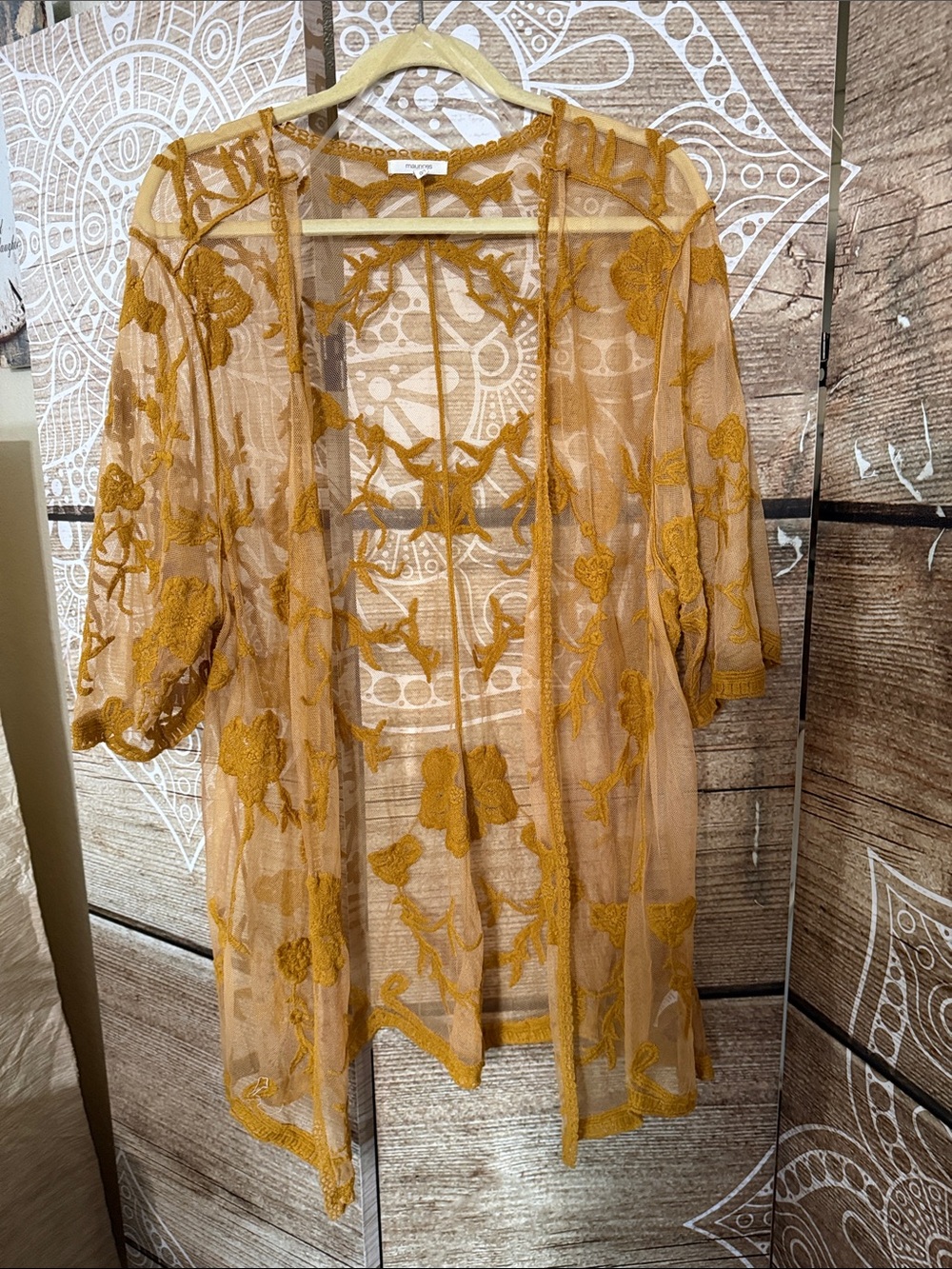 Maurices Sheer Embroidered Kimono in Mustard and Cream